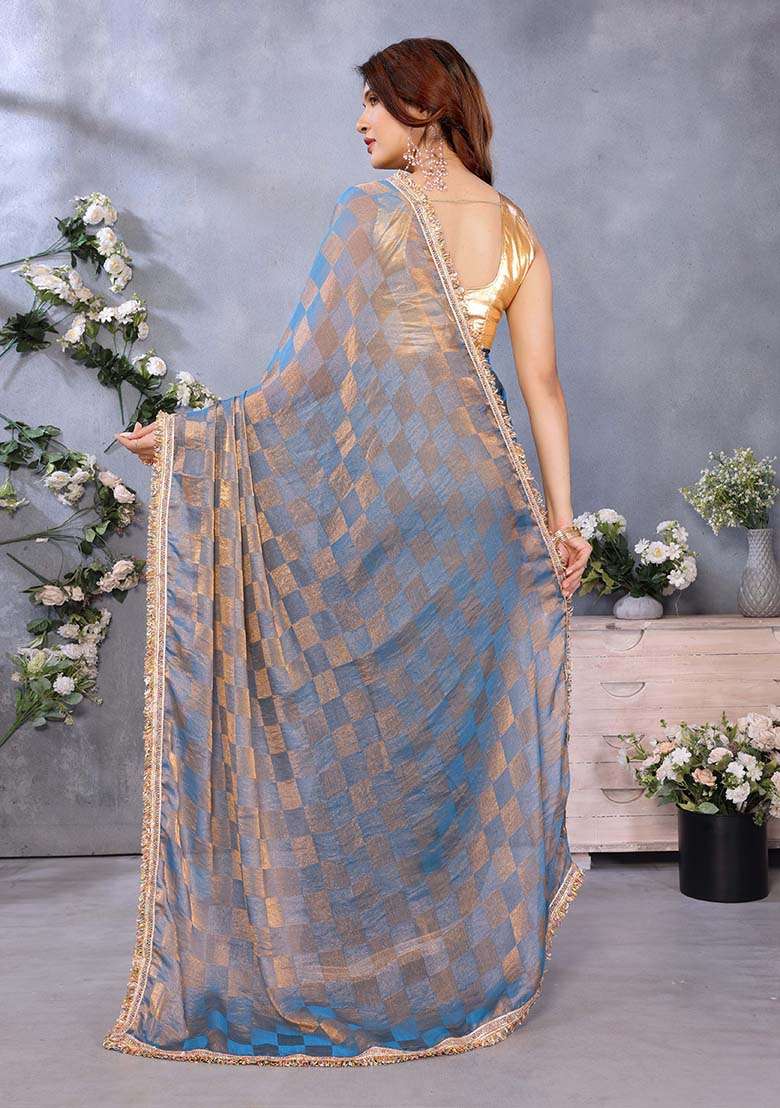 Blue Printed Satin Saree Set - Indya