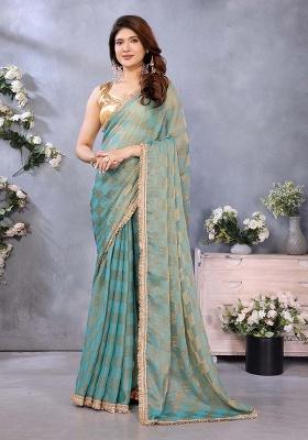Green Printed Satin Saree Set
