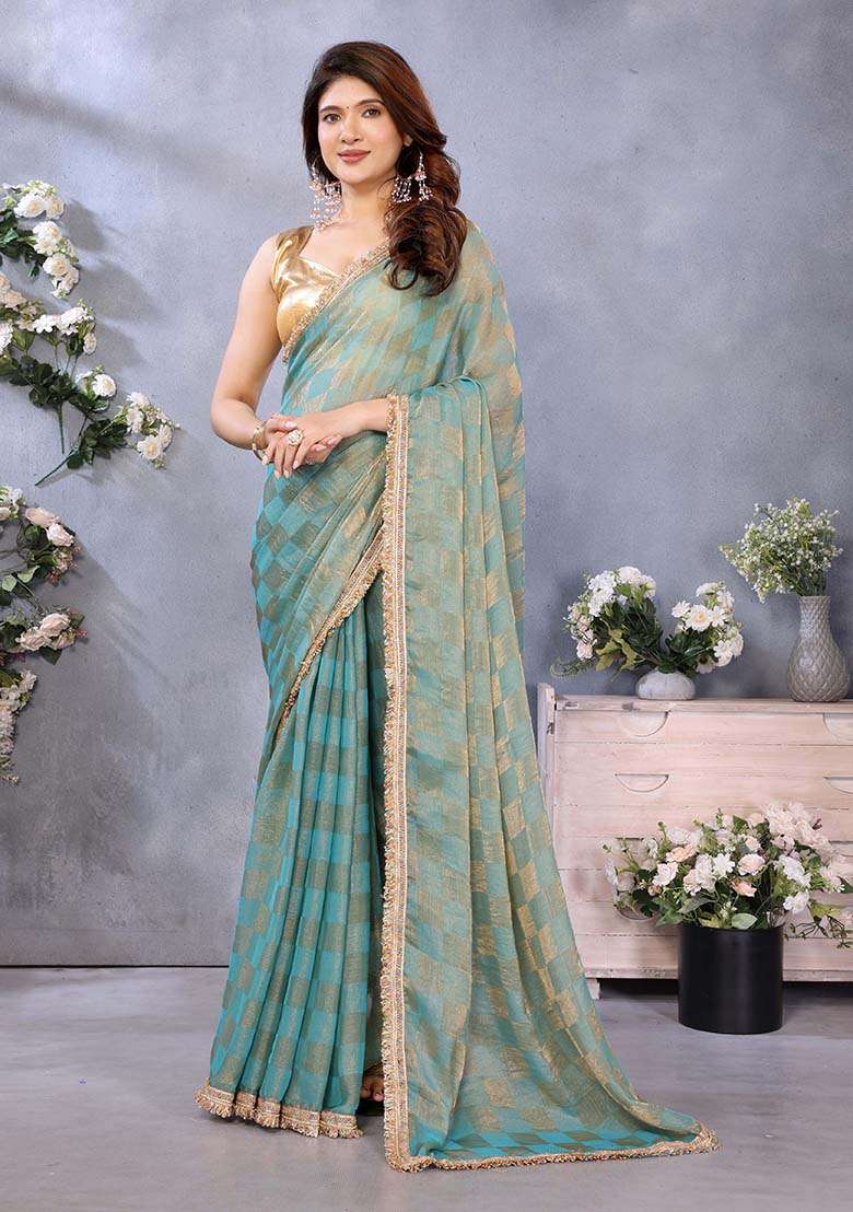 Green Satin Saree Set with Printed for Diwali | Wedding & Festive Wear - Indya