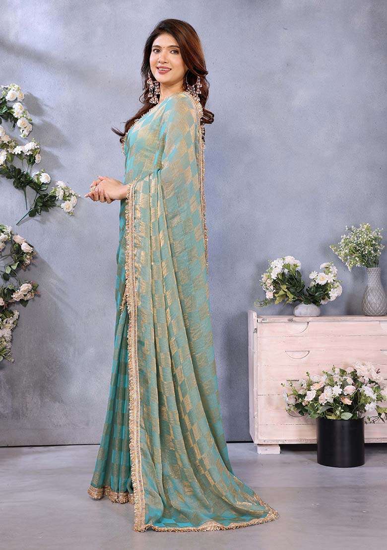 Green Satin Saree Set with Printed for Diwali | Wedding & Festive Wear - Indya