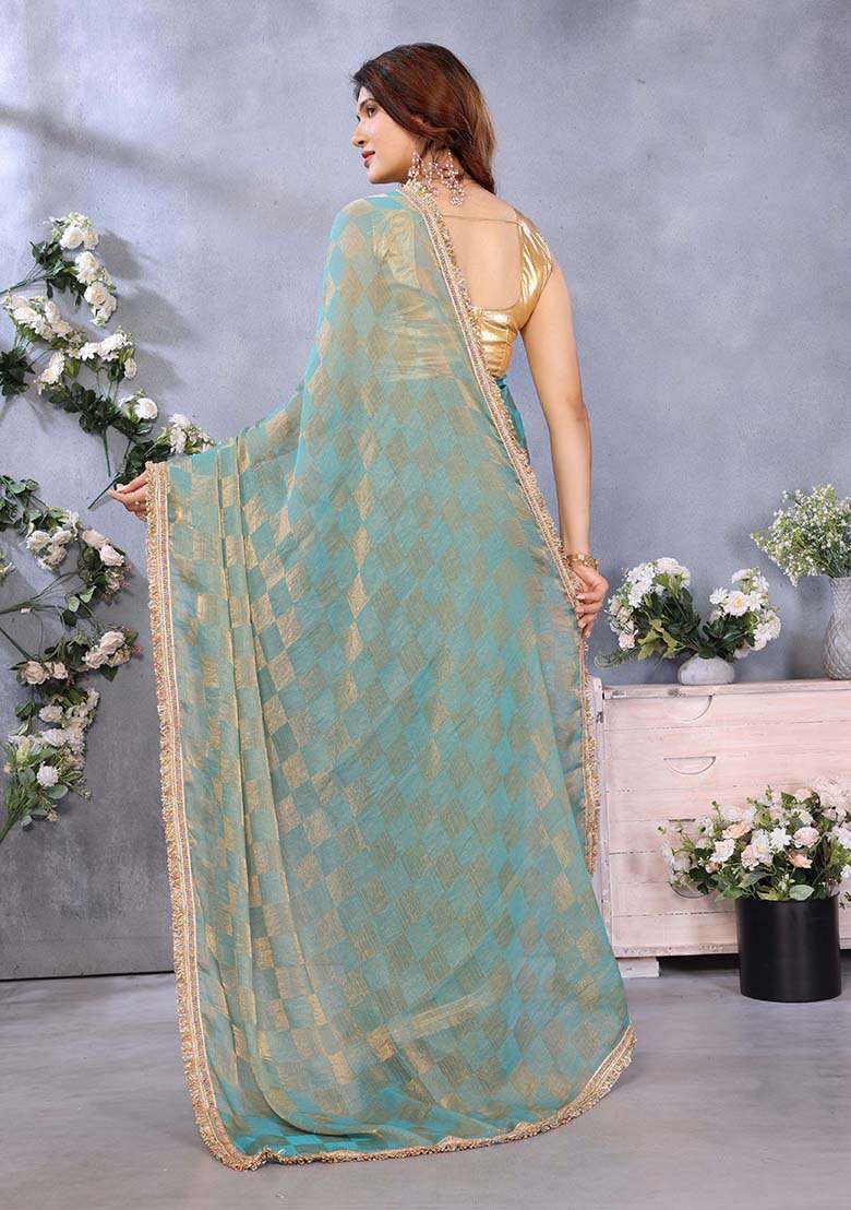 Green Satin Saree Set with Printed for Diwali | Wedding & Festive Wear - Indya