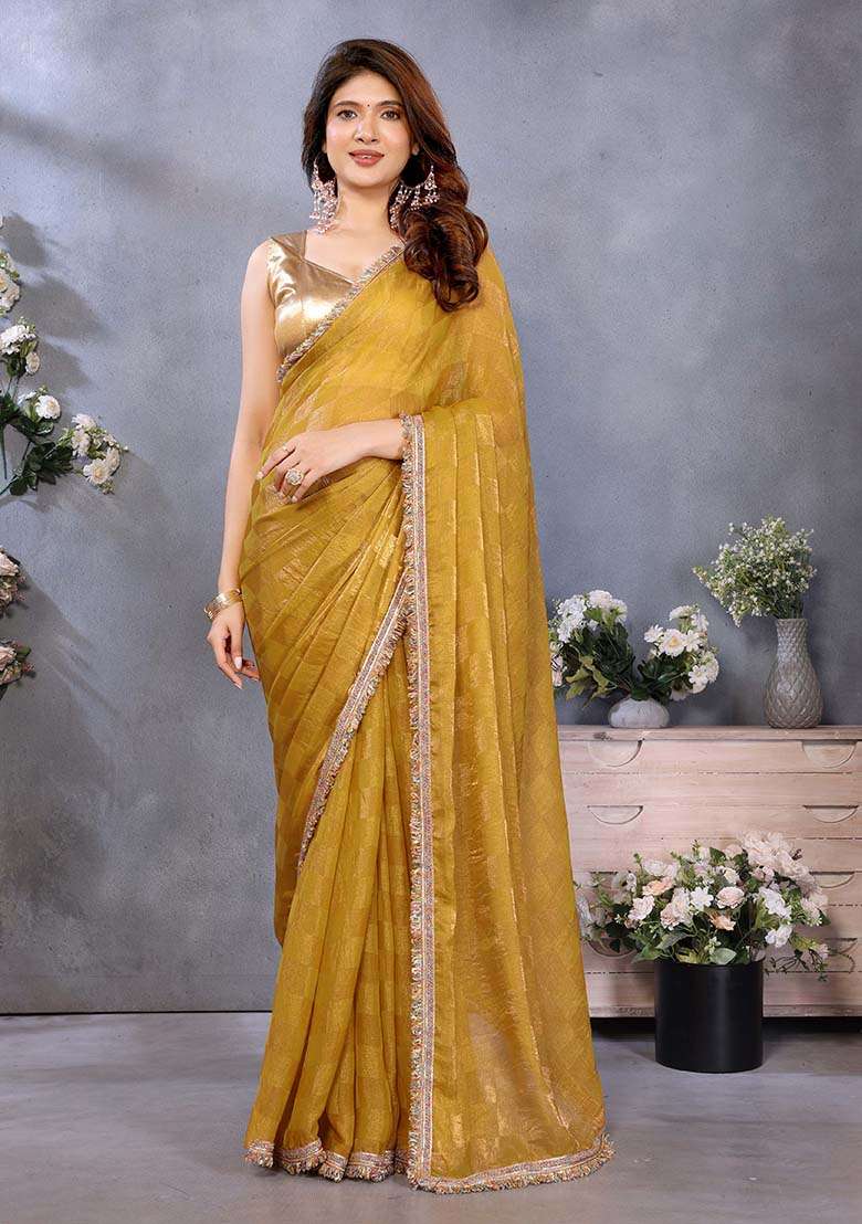 Mustard Satin Saree Set with Printed for Diwali | Wedding & Festive Wear - Indya