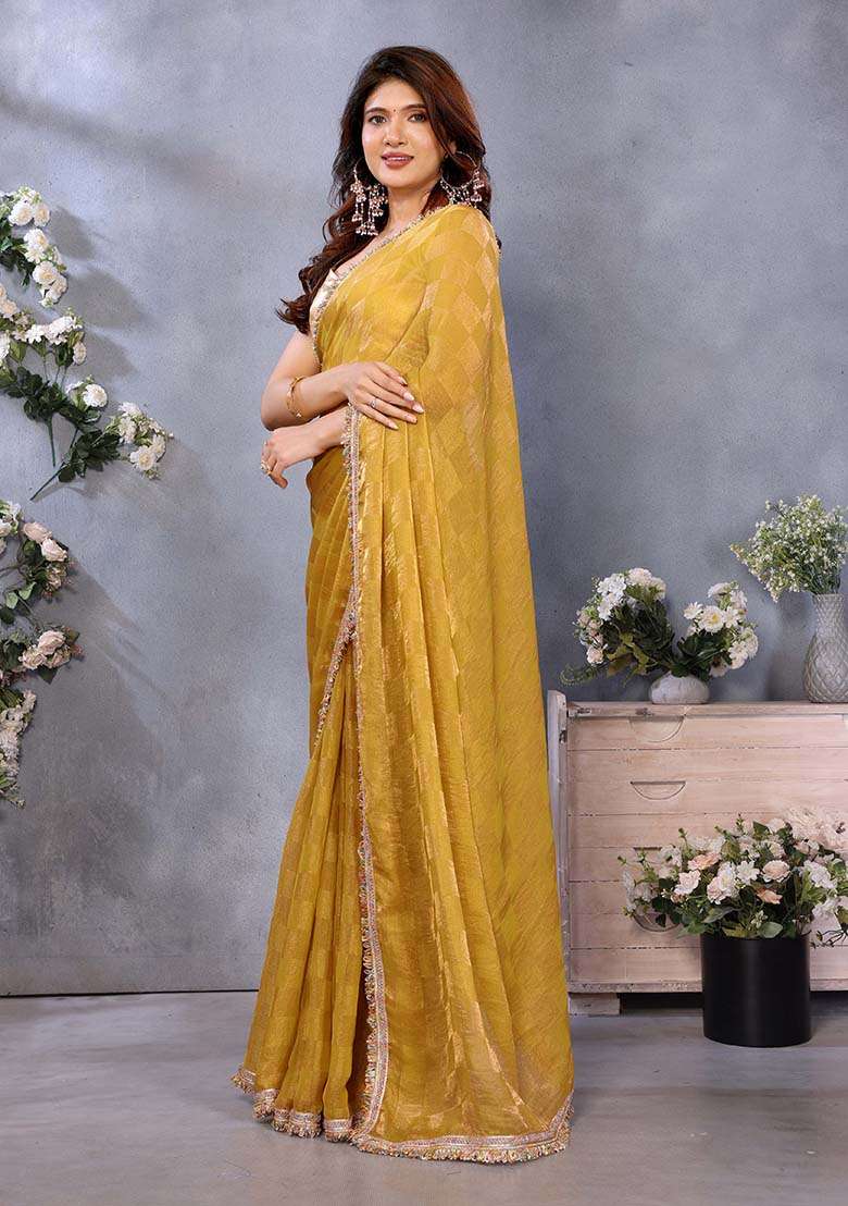 Mustard Satin Saree Set with Printed for Diwali | Wedding & Festive Wear - Indya