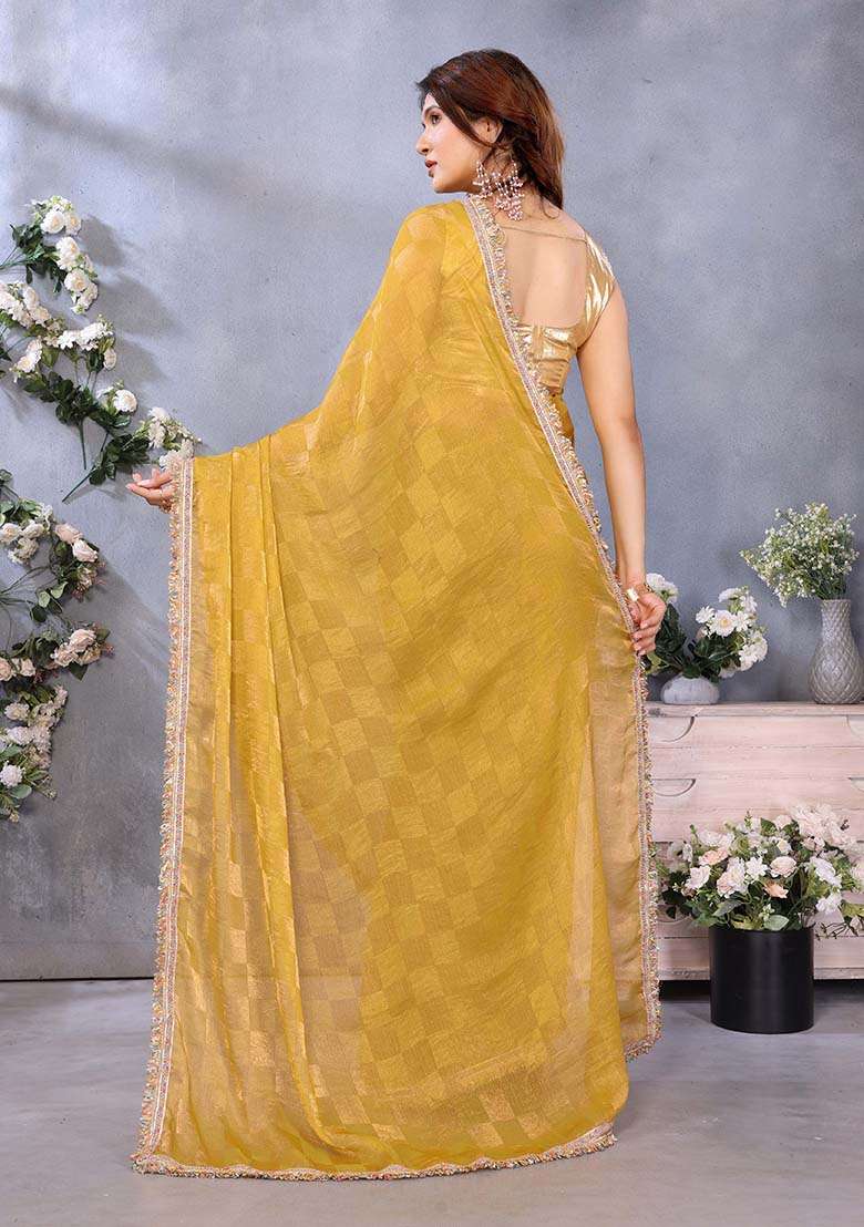 Mustard Satin Saree Set with Printed for Diwali | Wedding & Festive Wear - Indya