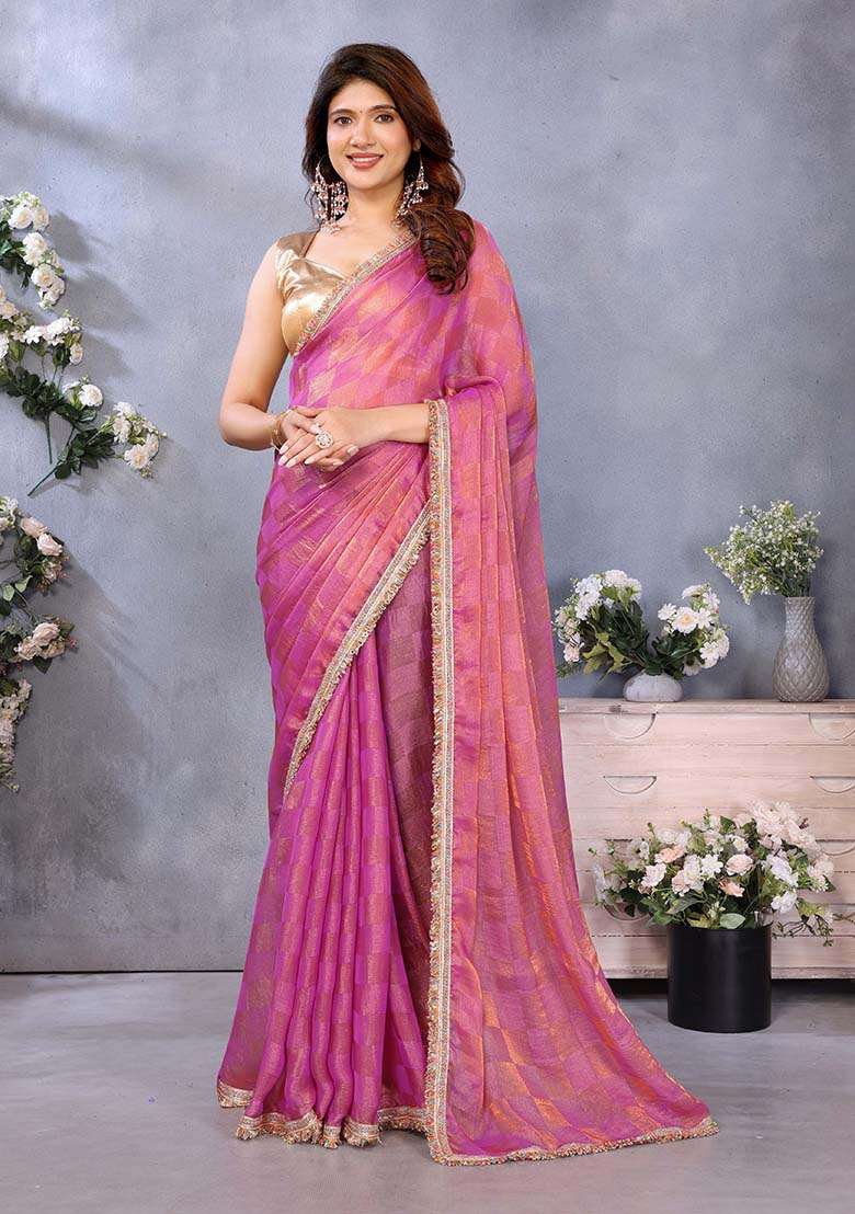 Pink Printed Satin Saree Set - Indya