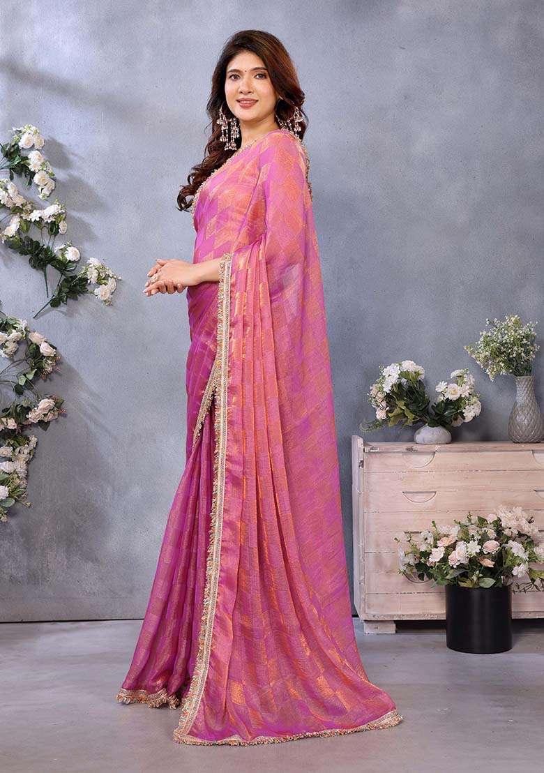 Pink Printed Satin Saree Set - Indya