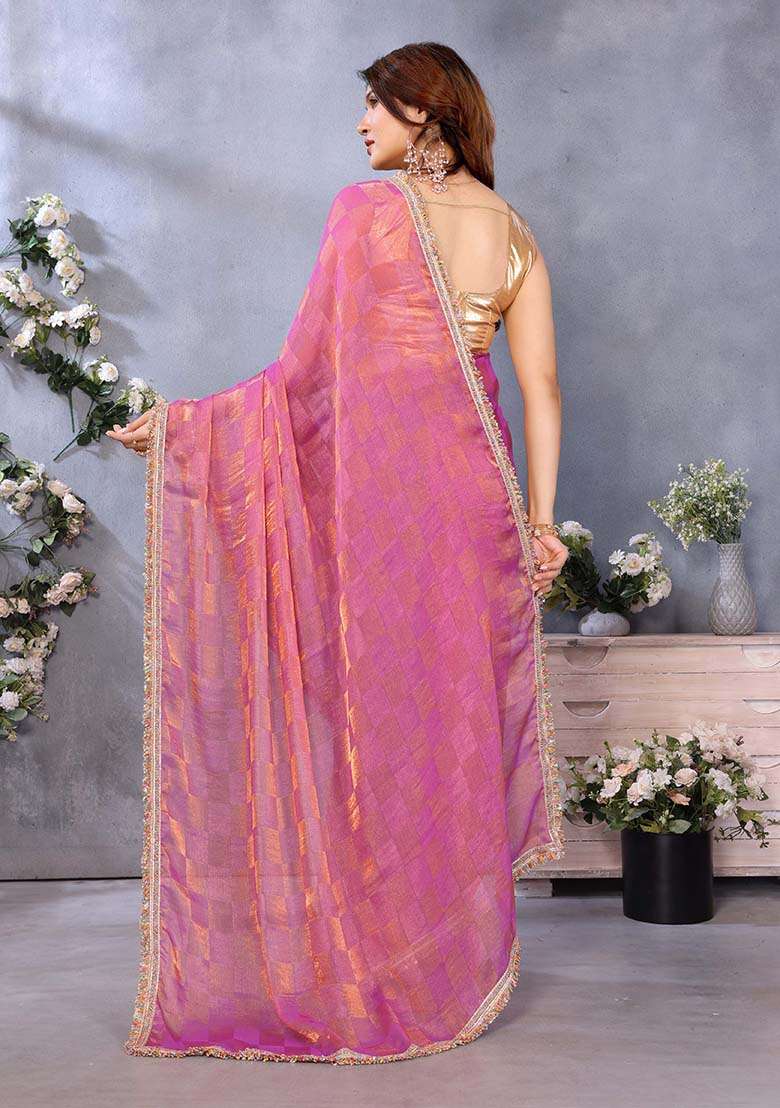 Pink Printed Satin Saree Set - Indya