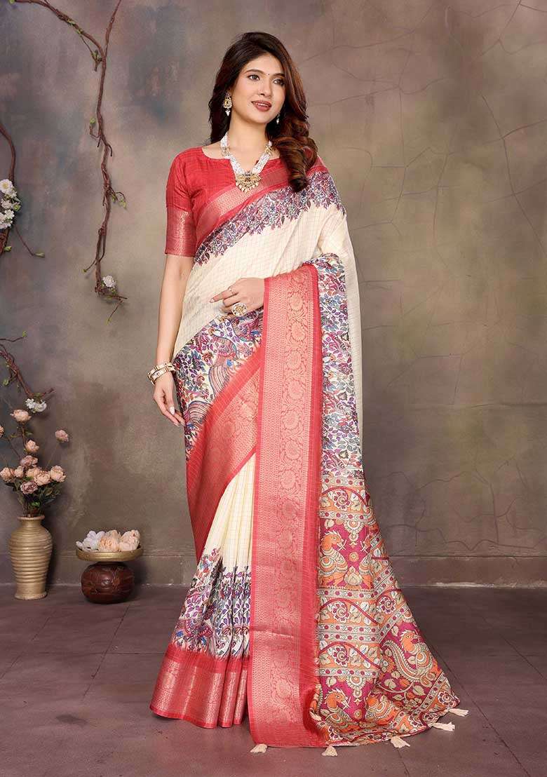Cream Silk Blend Saree Set with Printed for Diwali | Wedding & Festive Wear - Indya