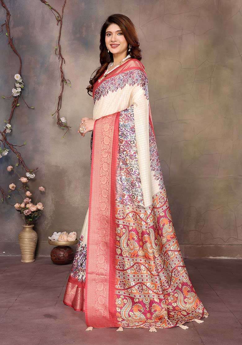 Cream Silk Blend Saree Set with Printed for Diwali | Wedding & Festive Wear - Indya