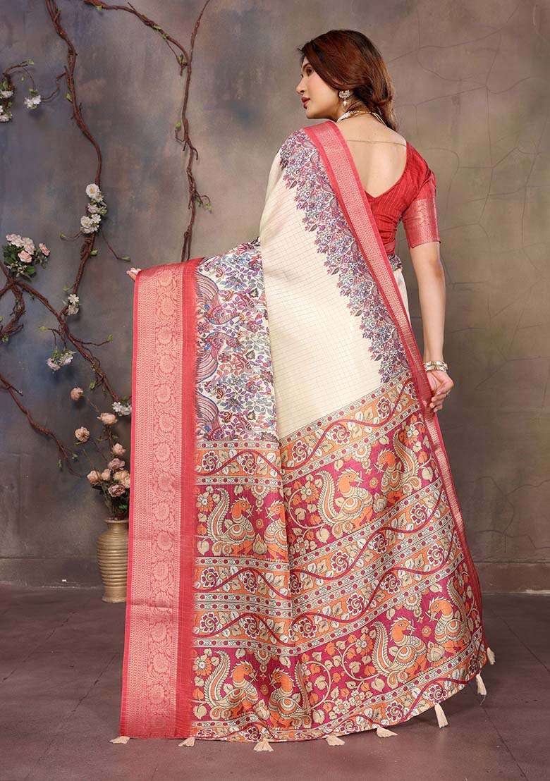 Cream Silk Blend Saree Set with Printed for Diwali | Wedding & Festive Wear - Indya