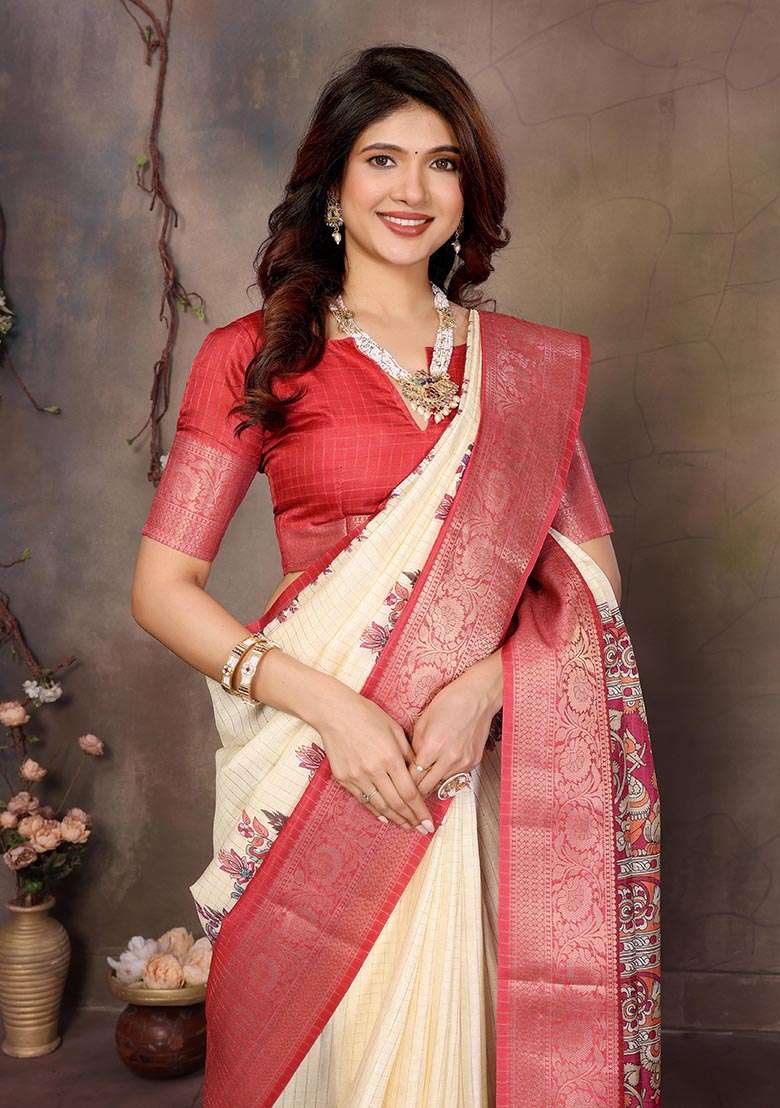 Cream Silk Blend Saree Set with Printed for Diwali | Wedding & Festive Wear - Indya