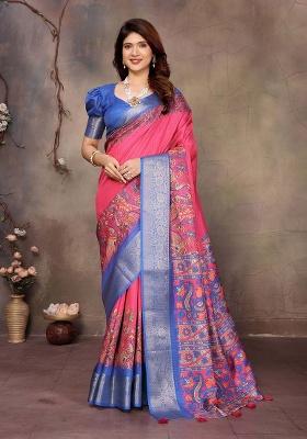 Pink Printed Silk Saree Set