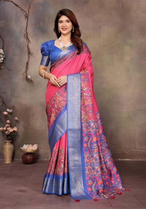 Pink Printed Silk Saree Set