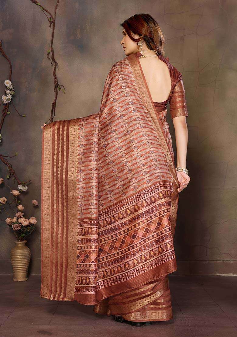 Brown Silk Blend Saree Set with Printed for Diwali | Wedding & Festive Wear - Indya