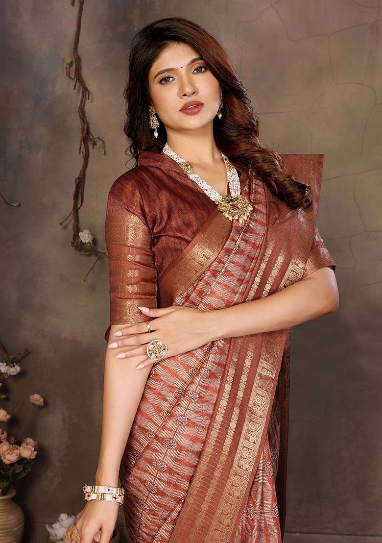 Brown Silk Blend Saree Set with Printed for Diwali | Wedding & Festive Wear - Indya