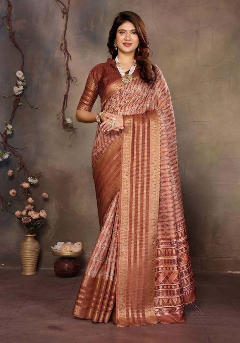 Brown Printed Silk Saree Set