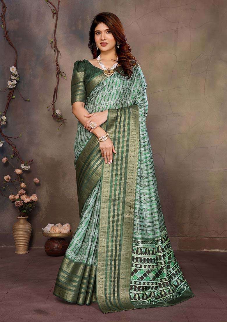 Green Printed Silk Blend Saree Set - Indya