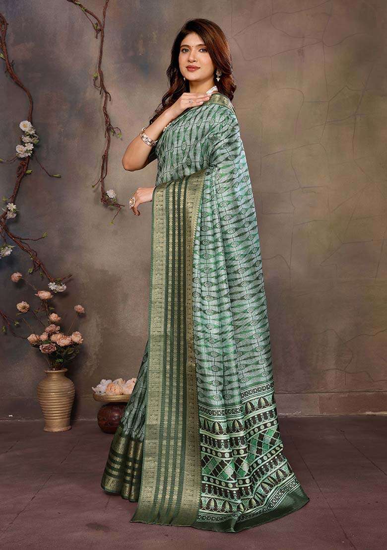 Green Printed Silk Blend Saree Set - Indya