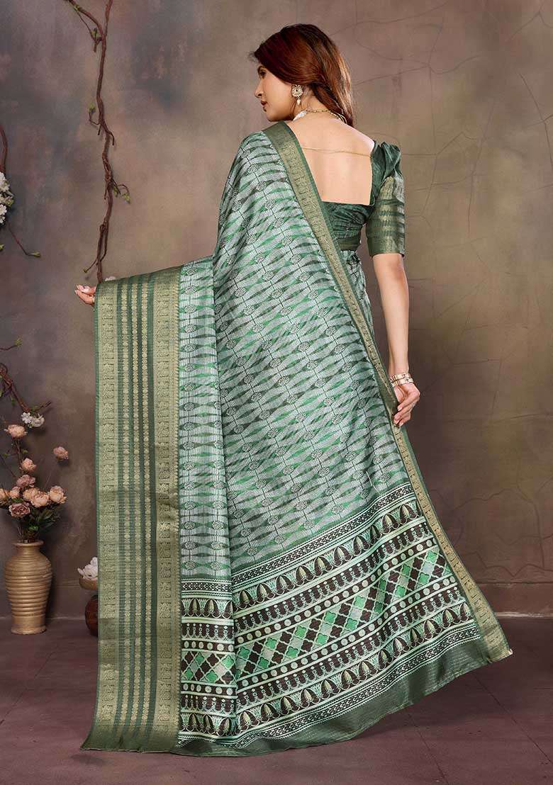 Green Printed Silk Blend Saree Set - Indya