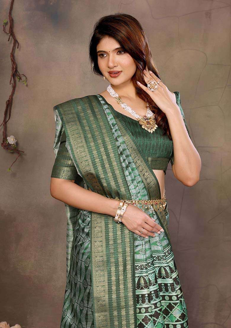 Green Printed Silk Blend Saree Set - Indya
