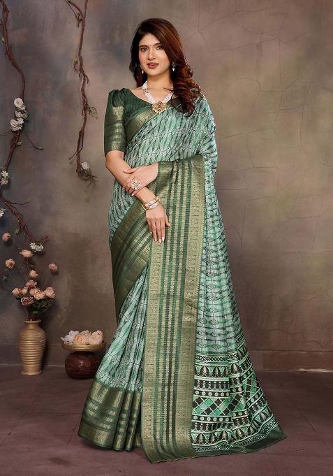 Green Printed Silk Saree Set