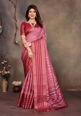 Maroon Printed Silk Saree Set