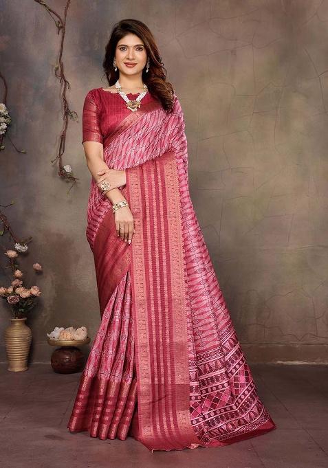 Maroon Printed Silk Saree Set