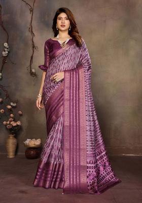 Purple Printed Silk Saree Set