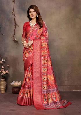 Maroon Printed Silk Saree Set