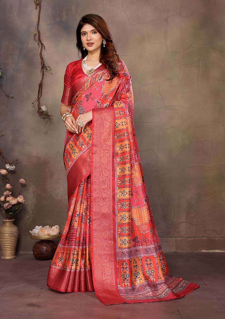 Maroon Silk Blend Saree Set with Printed for Diwali | Wedding & Festive Wear - Indya