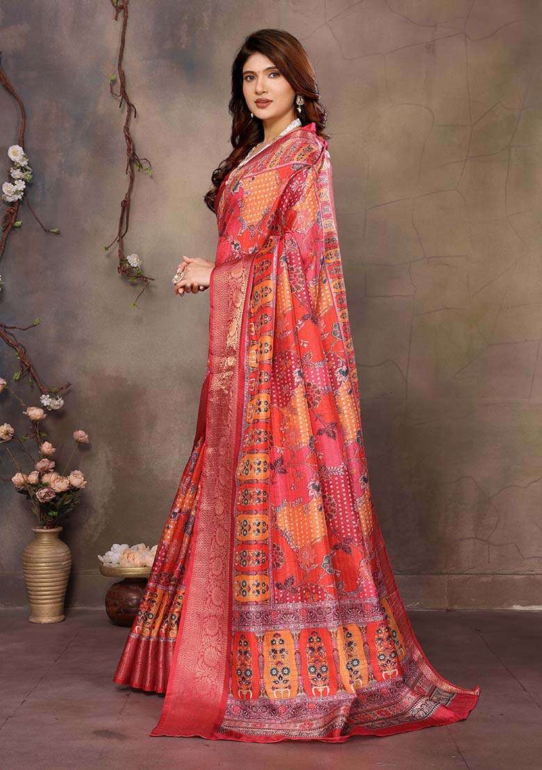 Maroon Silk Blend Saree Set with Printed for Diwali | Wedding & Festive Wear - Indya