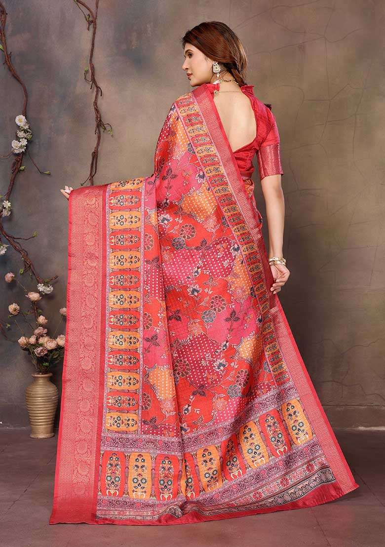 Maroon Silk Blend Saree Set with Printed for Diwali | Wedding & Festive Wear - Indya