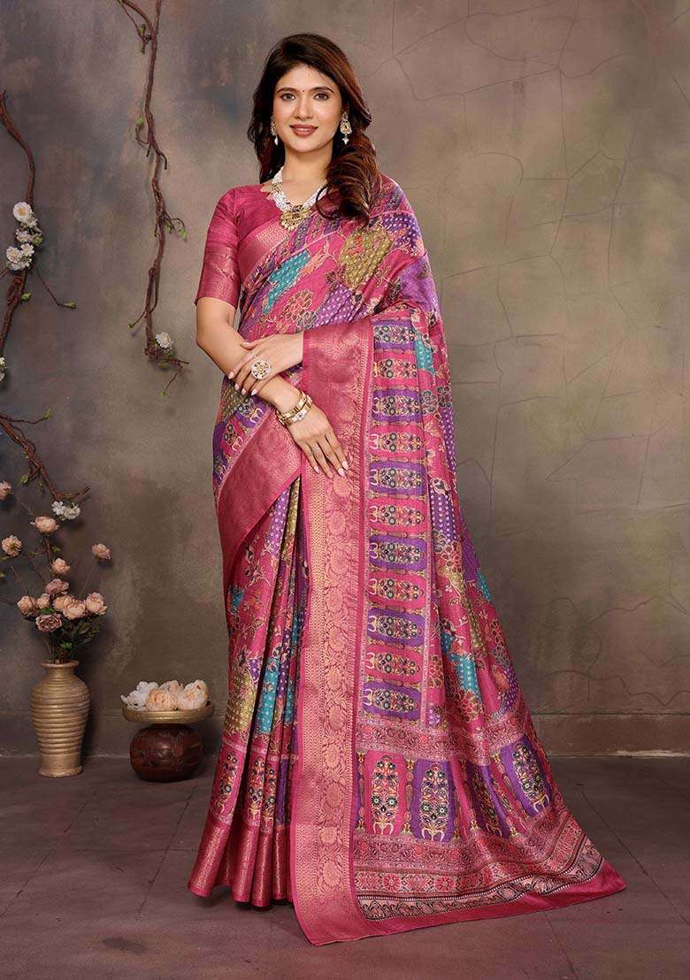 Purple Printed Silk Blend Saree Set for Diwali and Festive Wear - Indya