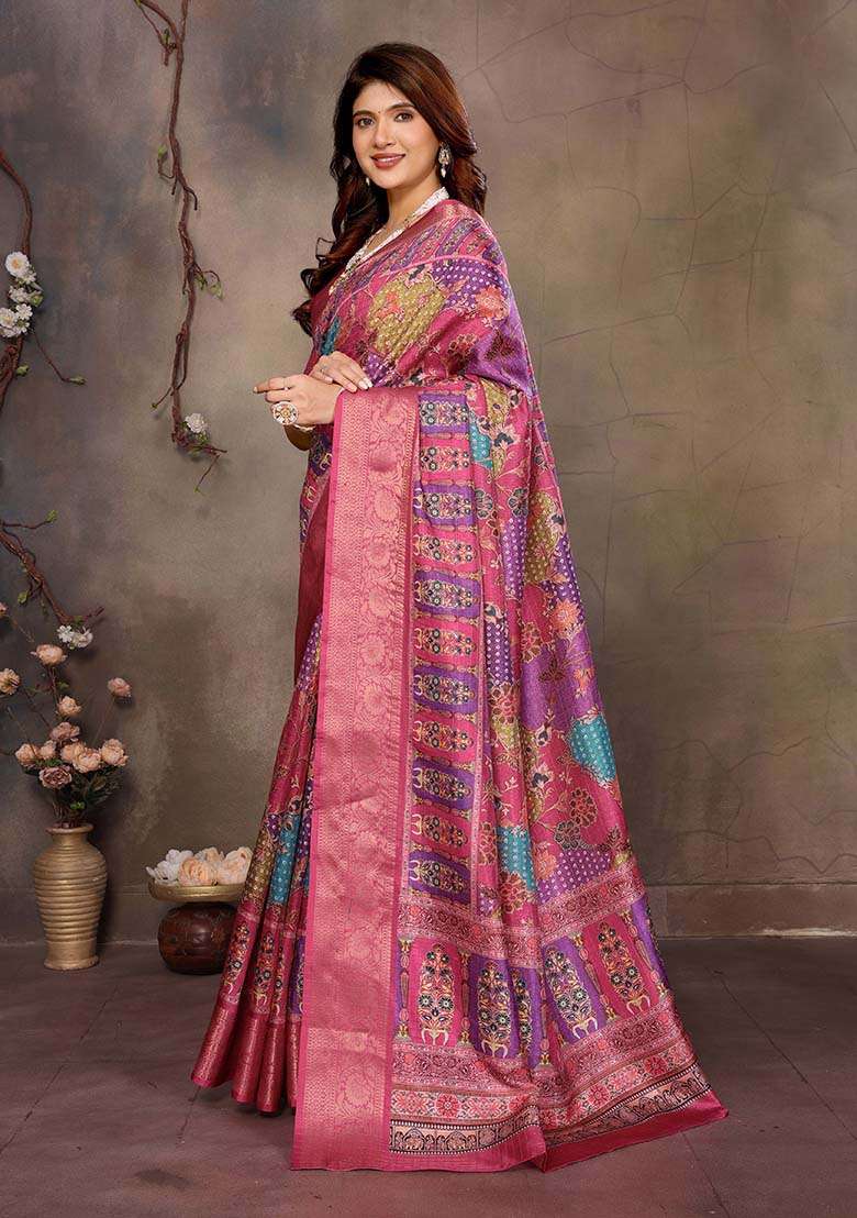 Purple Printed Silk Blend Saree Set for Diwali and Festive Wear - Indya
