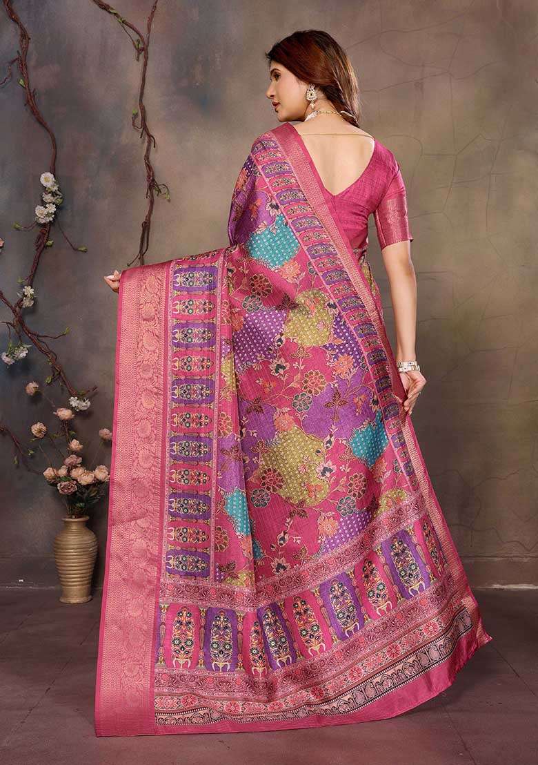 Purple Printed Silk Blend Saree Set for Diwali and Festive Wear - Indya