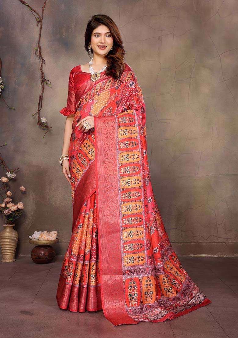 Red Silk Blend Saree Set with Printed for Diwali | Wedding & Festive Wear - Indya