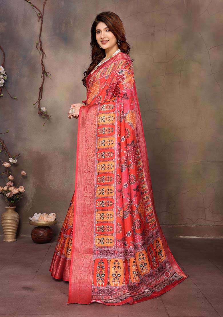 Red Silk Blend Saree Set with Printed for Diwali | Wedding & Festive Wear - Indya