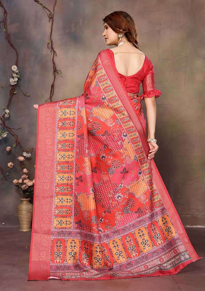 Red Silk Blend Saree Set with Printed for Diwali | Wedding & Festive Wear - Indya