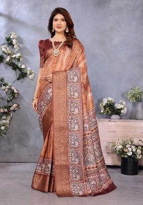 Brown Printed Silk Saree Set