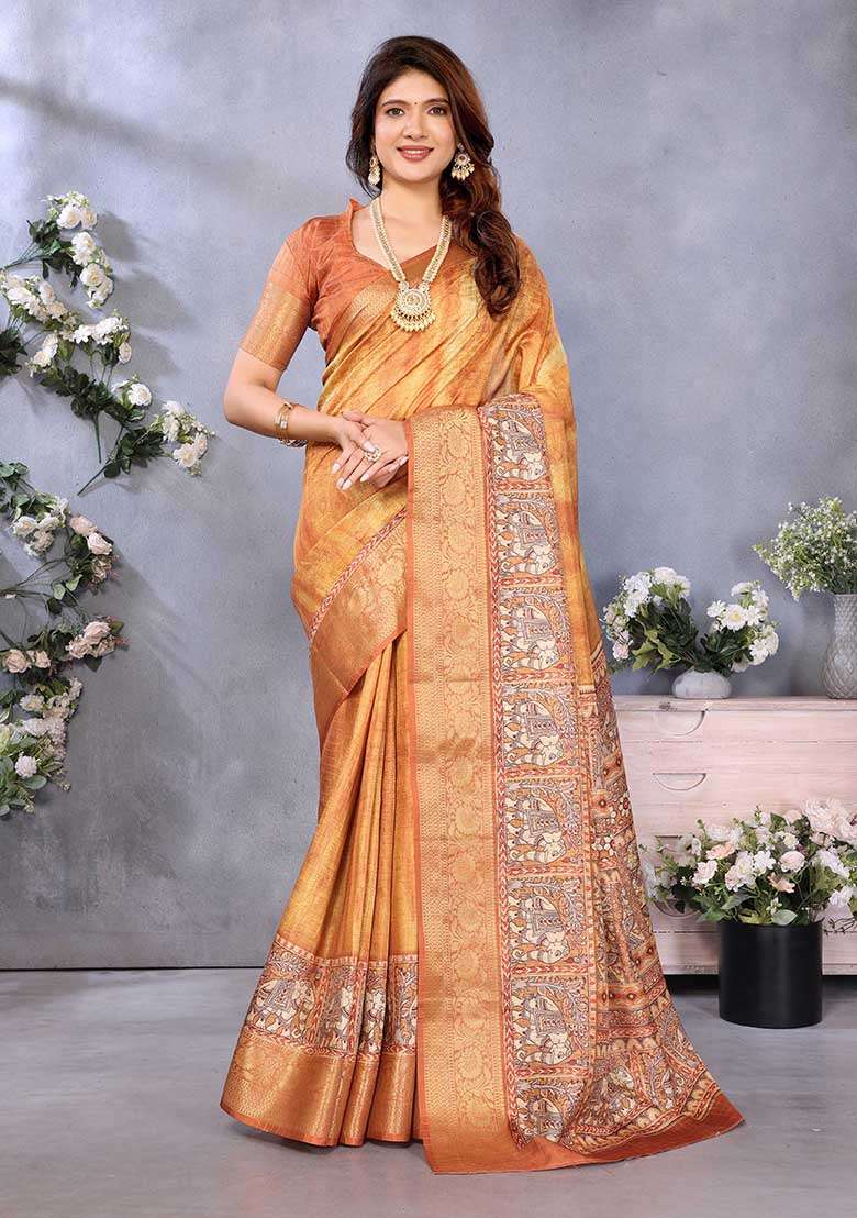 Mustard Printed Silk Saree Set - Indya