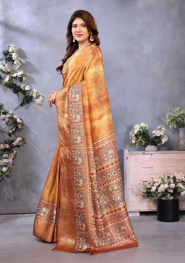 Mustard Printed Silk Saree Set - Indya