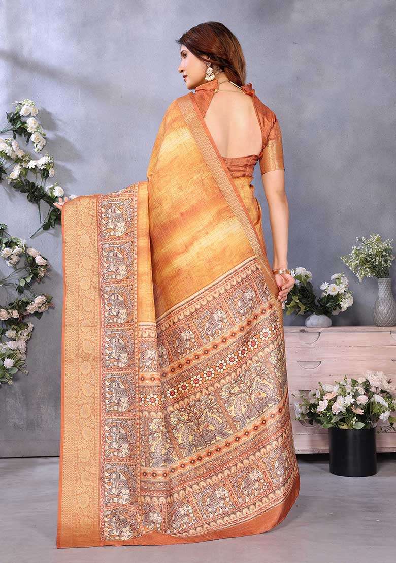 Mustard Printed Silk Saree Set - Indya