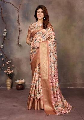 Cream Printed Silk Saree Set