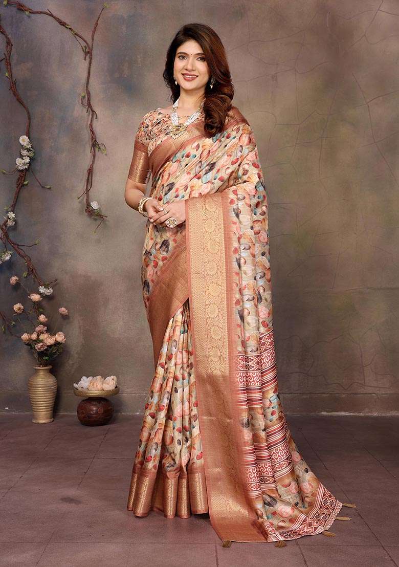 Cream Printed Silk Blend Saree Set - Indya
