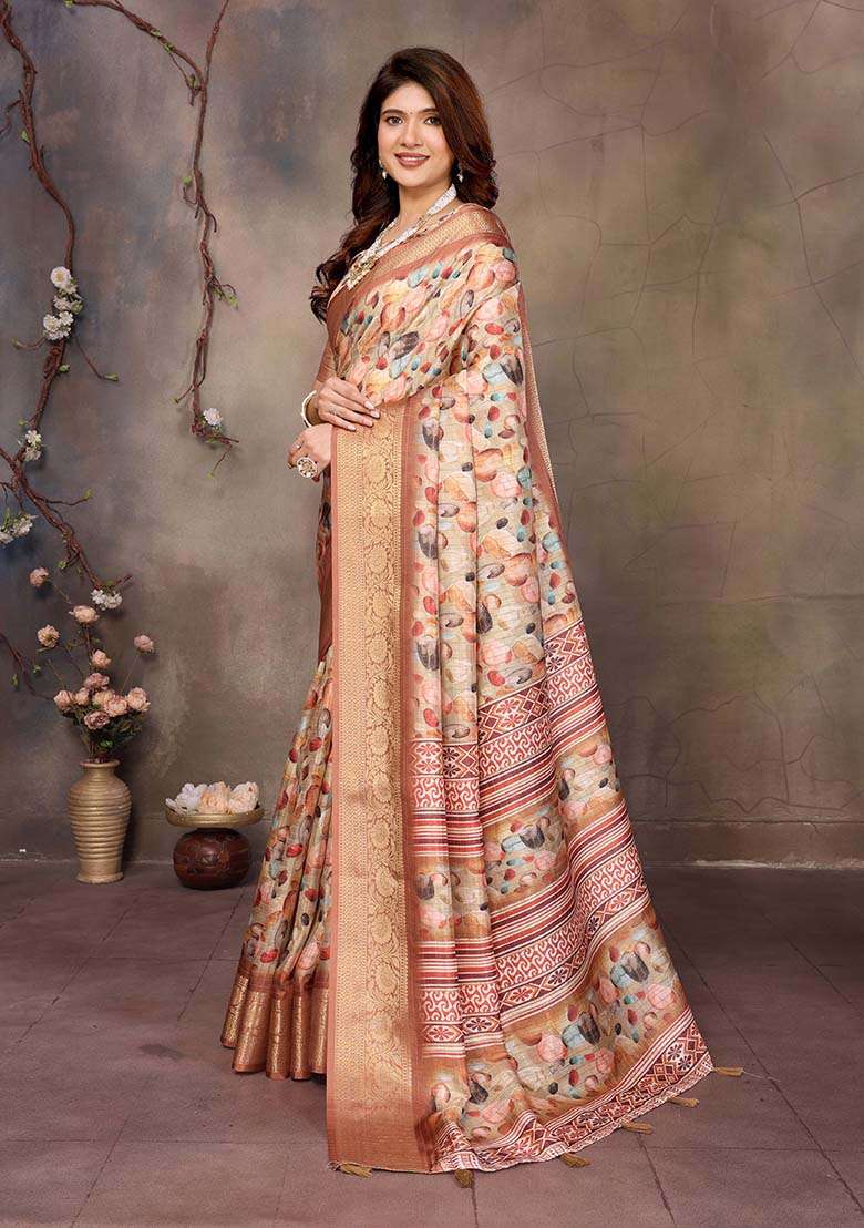 Cream Printed Silk Blend Saree Set - Indya