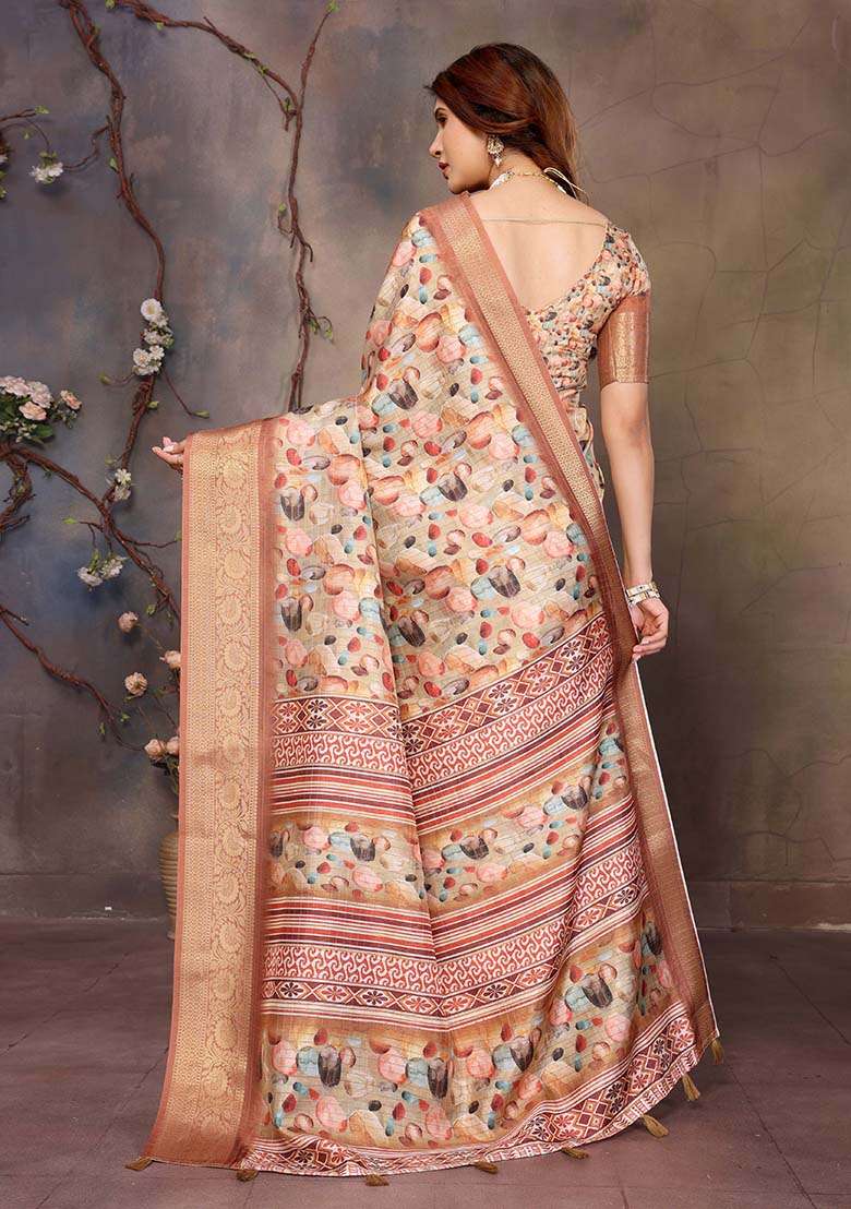 Cream Printed Silk Blend Saree Set - Indya