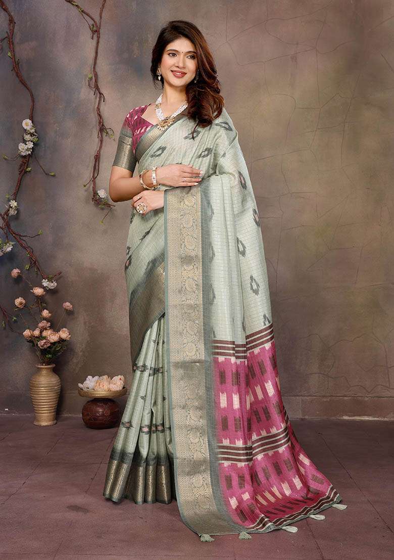 Pista Printed Silk Blend Saree Set - Indya