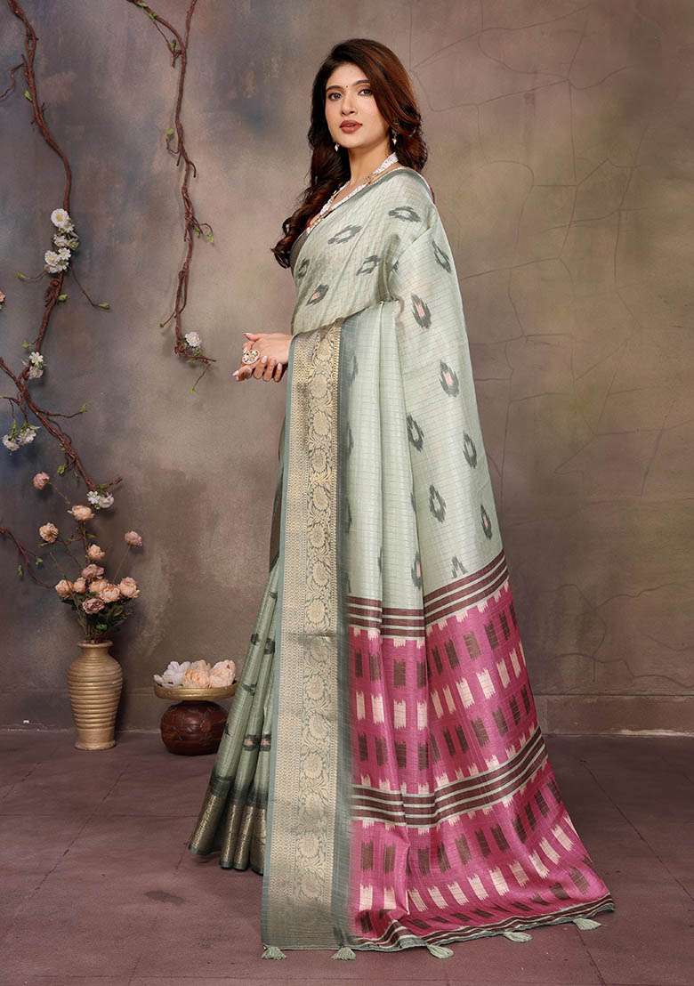 Pista Printed Silk Blend Saree Set - Indya