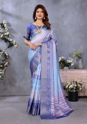 Blue Printed Silk Saree Set