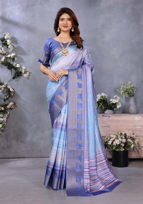 Blue Printed Silk Saree Set